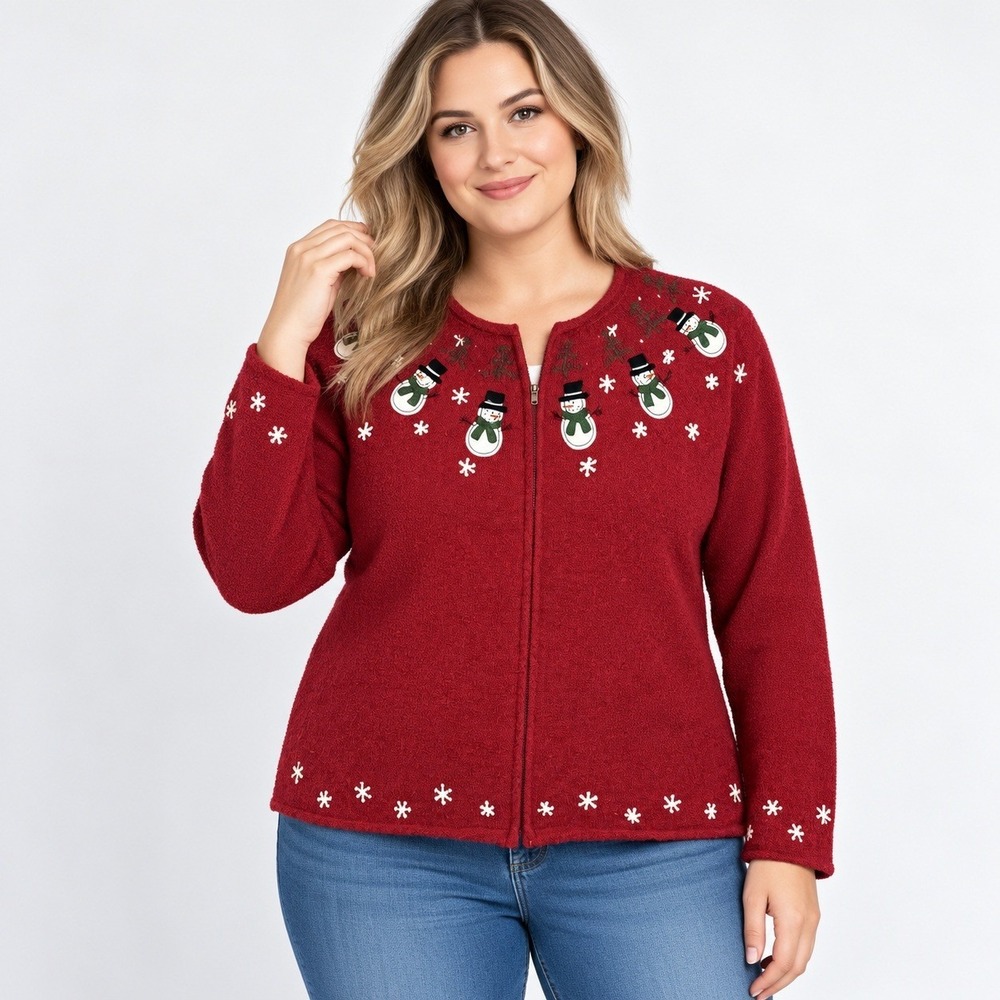 Croft & Barrow Cardigan Women XL Red Silk Blend Snowman Holiday Zip Up Sweater